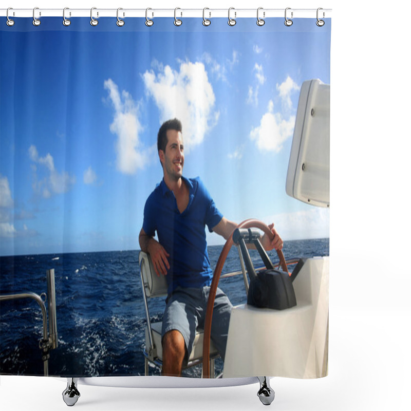 Personality  Smiling Young Sailor Navigating In Caribbean Sea Shower Curtains