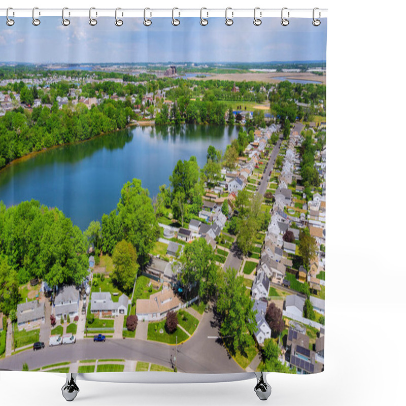 Personality  Aerial Panorama View Of The Residential Sayreville Town Area Of Beautiful Suburb Of Dwelling Home Near Lake From A Height In New Jersey USA Shower Curtains