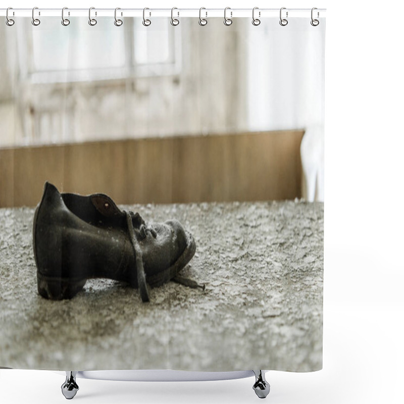 Personality  Selective Focus Of Dirty Shoe On Flaky Surface  Shower Curtains