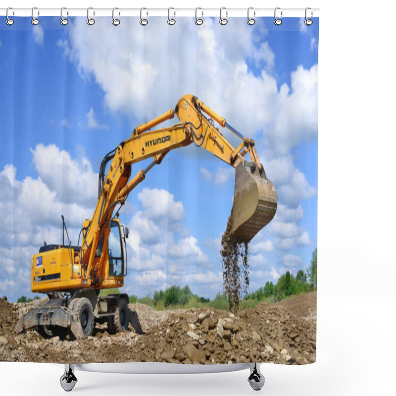 Personality  Kalush, Ukraine - July 8: Loading Boulders In The Car Body On The Construction Of A Protective Dam Near The Town Of Kalush, Western Ukraine July 8, 2015 Shower Curtains