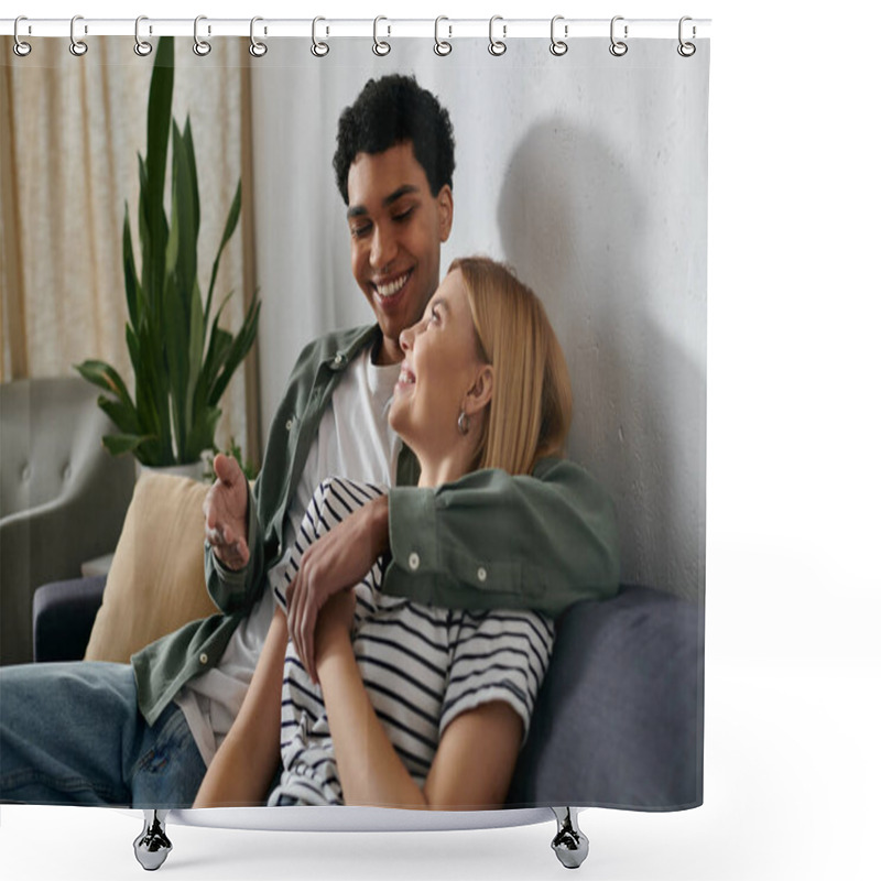 Personality  A Young Couple, Embracing On A Couch In Their Modern Apartment, Share A Tender Moment Together. Shower Curtains