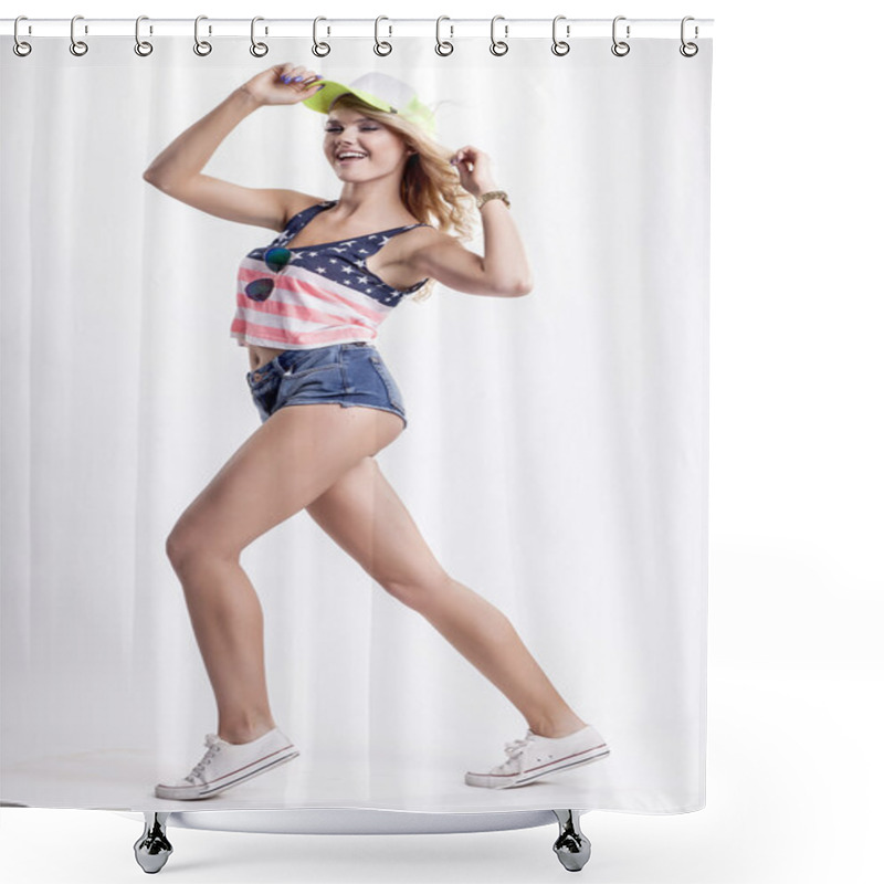 Personality  Blonde Woman Posing In American Flag Shirt Shower Curtains