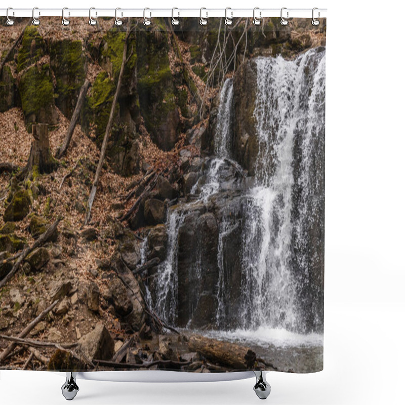 Personality  Stones And Dry Leaves On Ground Near Mountain Creek  Shower Curtains