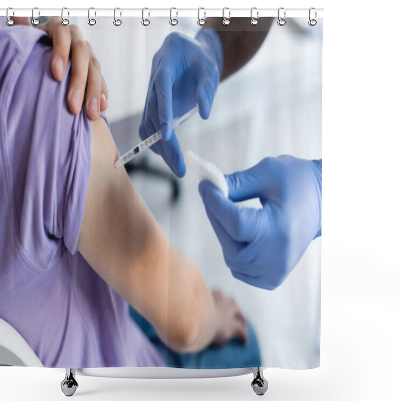 Personality  Cropped View Of African American Man In Latex Gloves Vaccinating Young Patient Shower Curtains