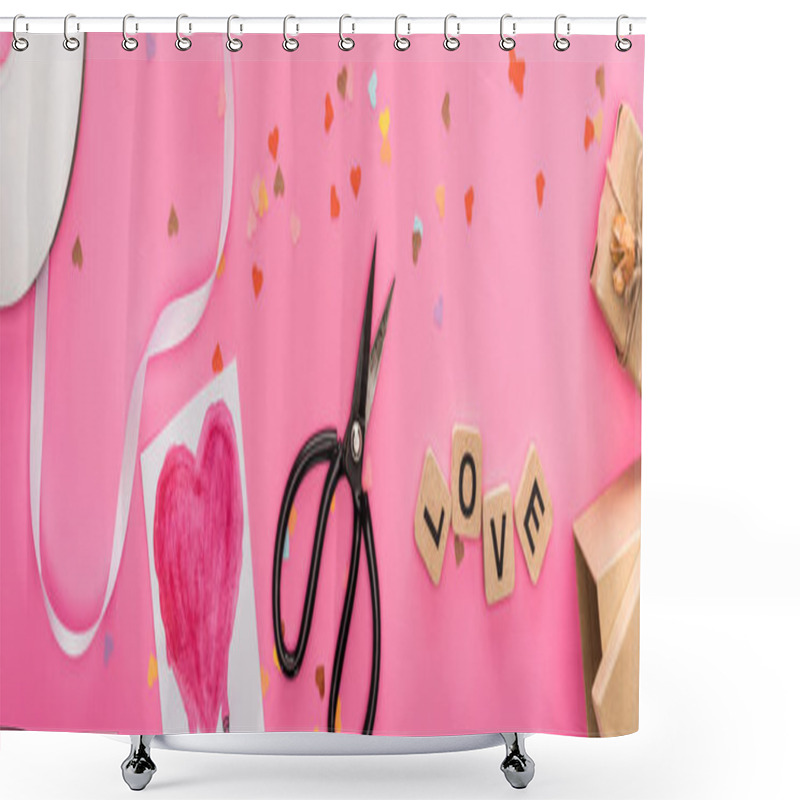 Personality  Top View Of Valentines Confetti, Empty Compact Disk, Scissors, Gift Boxes, Greeting Card And Love Lettering On Wooden Cubes On Pink Background, Panoramic Shot Shower Curtains