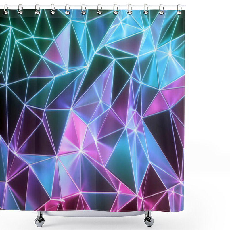 Personality  3d Rendering, Neon Crystallized Background, Crumpled Shiny Wallpaper, Polygonal Mesh In Ultraviolet Light, Faceted Metallic Texture With Reflections Shower Curtains