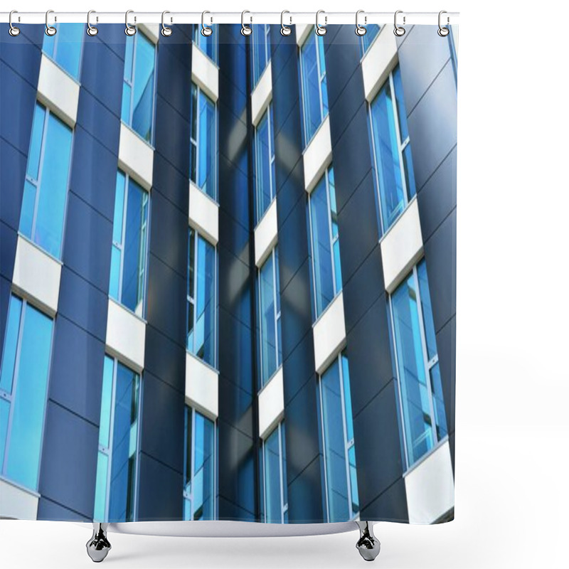 Personality  Blue Curtain Wall Made Of Toned Glass And Steel Constructions Under Blue Sky. A Fragment Of A Building. Shower Curtains