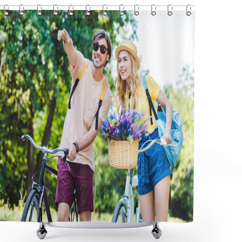 Personality  Portrait Of Young Couple With Backpacks And Bicycles In Park Shower Curtains