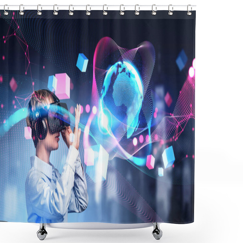 Personality  Young Attractive Businesswoman Wearing Formal Shirt Is Wearing Vr Helmet. Blue Background With Globe And Geometrical Cubes. Concept Of Metaverse, Digital Interface And International Communication Shower Curtains