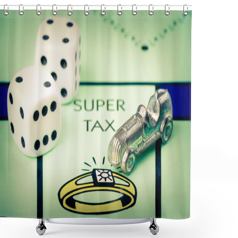 Personality  Token And Dice Next To SUPER TAX In Monopoly Game Shower Curtains