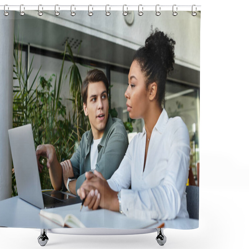 Personality  Student And His Teacher Are Focused On Their Laptops While Sharing Insights In A Vibrant Library. Shower Curtains