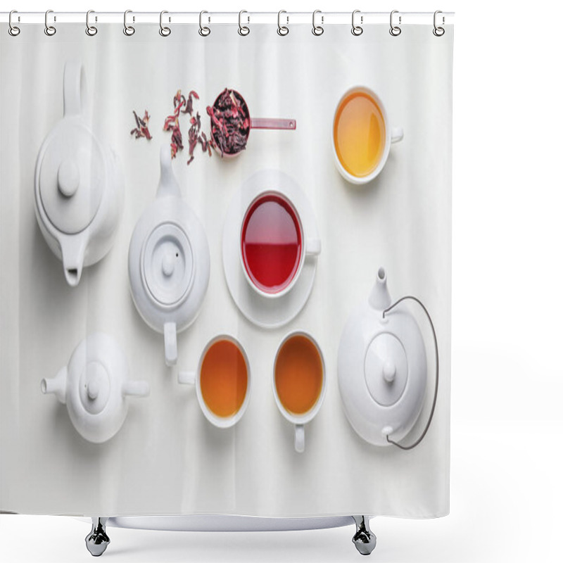 Personality  Composition With Teapots And Cups Of Tea On White Background Shower Curtains