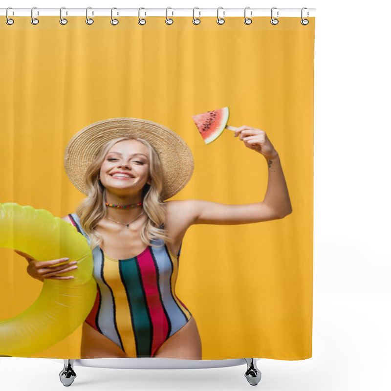 Personality  Happy Woman Standing With Inflatable Ring And Holding Popsicle Stick With Watermelon Isolated On Yellow  Shower Curtains