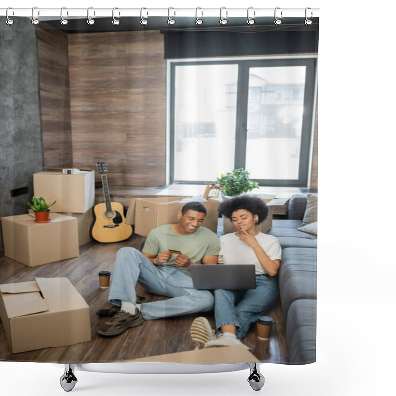 Personality  Positive African American Couple Doing Online Shopping Near Coffee And Boxes In New House Shower Curtains