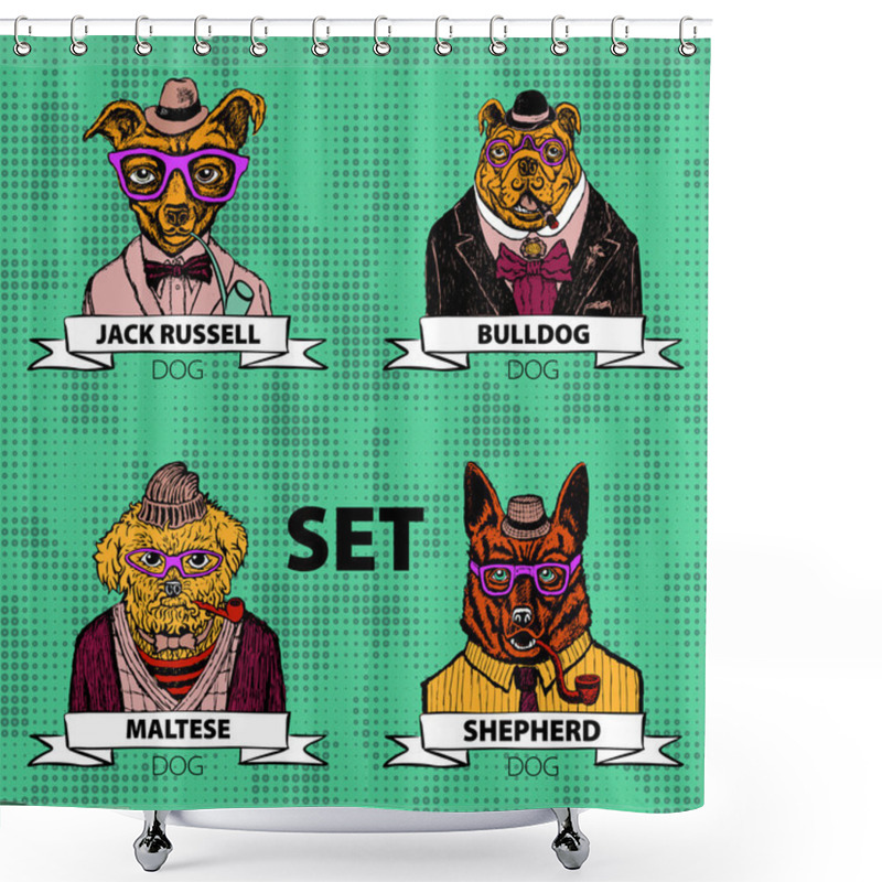 Personality  Hipster Animals Set Dog, Large Group Of Dog Breeds, Isolated Vector Shower Curtains