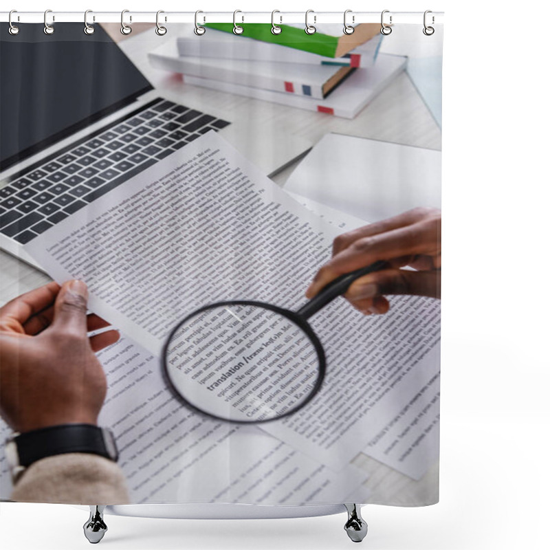 Personality  Partial View Of African American Translator Holding Magnifying Glass Near Documents With English Text Shower Curtains