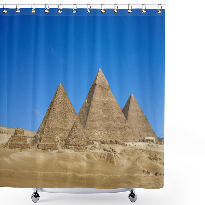 Personality  Pyramids Of Giza (Pharaohs Khufu, Khafre And Menkaure), Located In Giza Plateau Close To Cairo City (Egypt). Blue Sky And Negative Space Shower Curtains