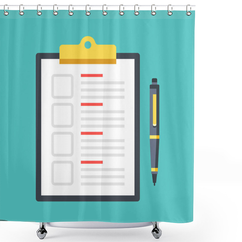 Personality  Checklist With Checkboxes And Pen. Clipboard With Document And Check Boxes. Top View. Premium Quality. Modern Flat Design Graphic Elements. Vector Illustration Shower Curtains