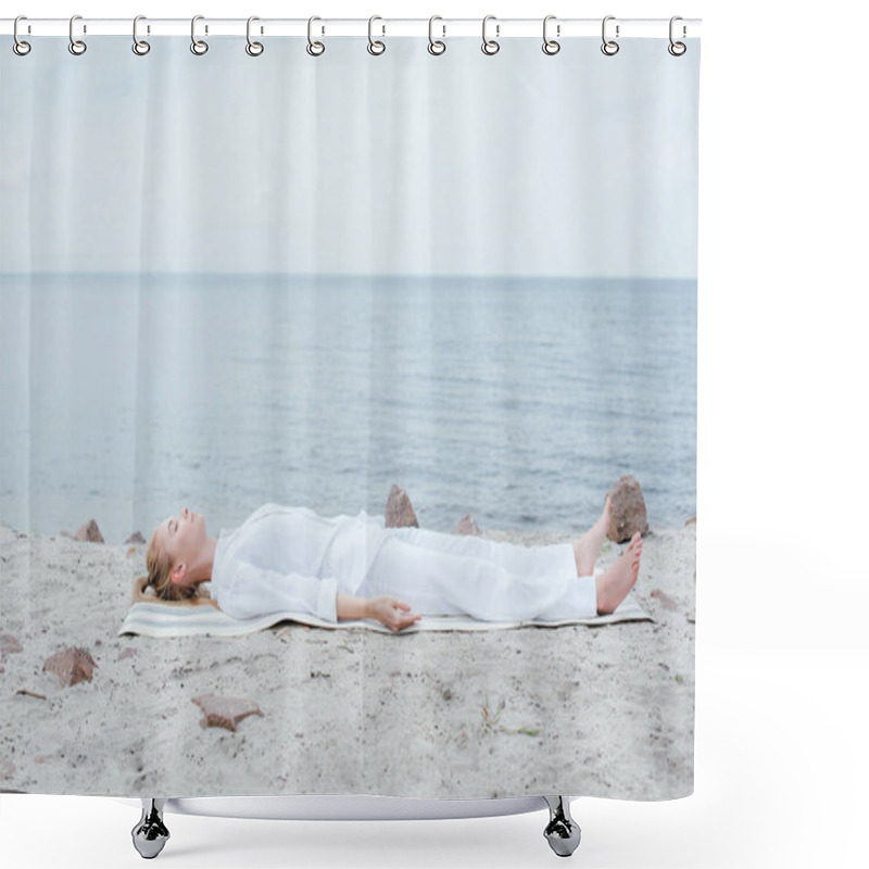 Personality  Attractive Blonde Woman With Closed Eyes Meditating While Lying On Yoga Mat Near Sea  Shower Curtains