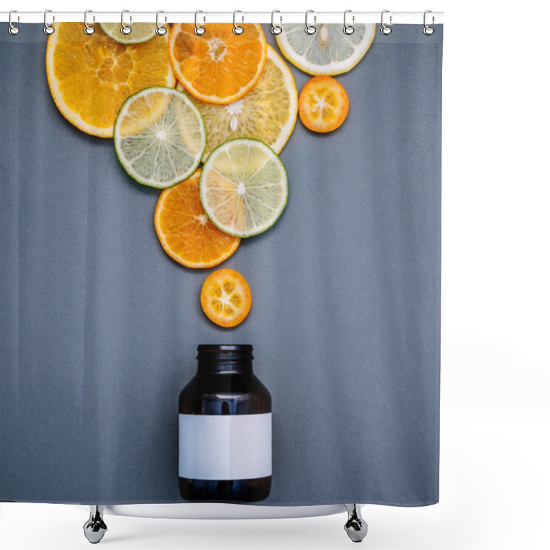 Personality  Healthy Foods And Medicine Concept. Bottle Of Vitamin C And Vari Shower Curtains