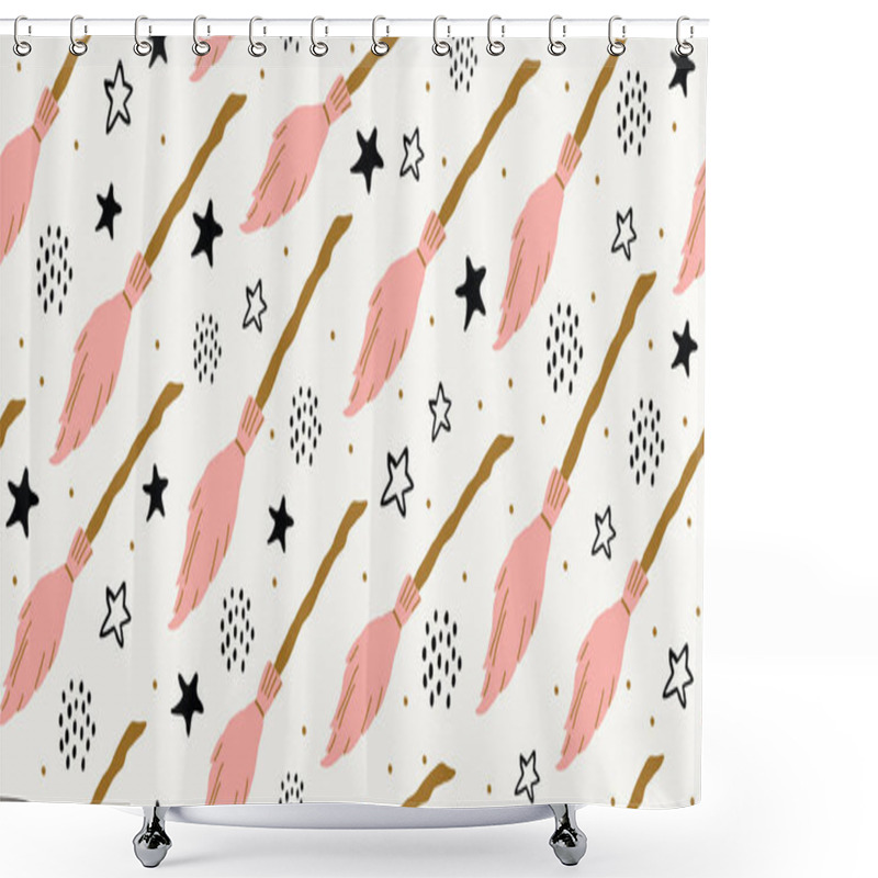 Personality  Seamless Witch Pattern With Flying Pink Brooms Shower Curtains