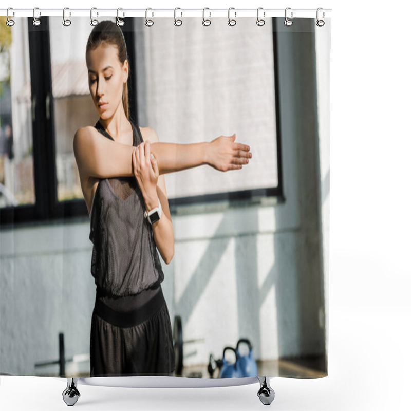 Personality  Beautiful Sportswoman Doing Stretching Exercise Before Training Session At Gym Shower Curtains