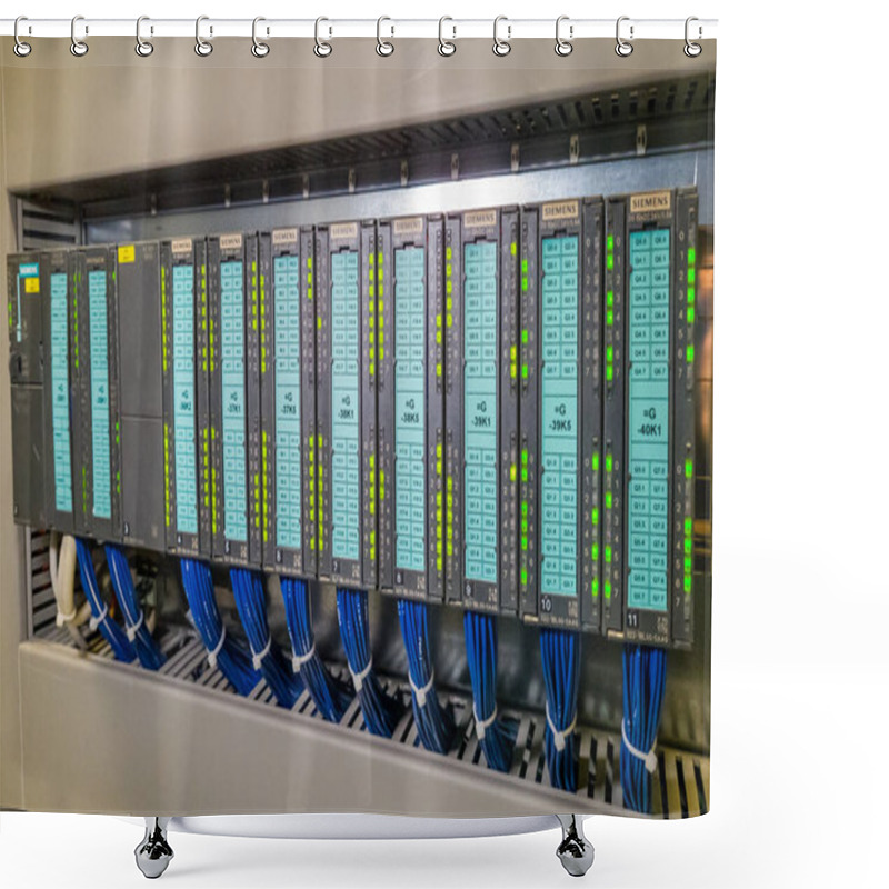 Personality  PLC Modules In A Row In Electrical Cabinet Of Automation Control Of Industrial Plant Equipment Shower Curtains