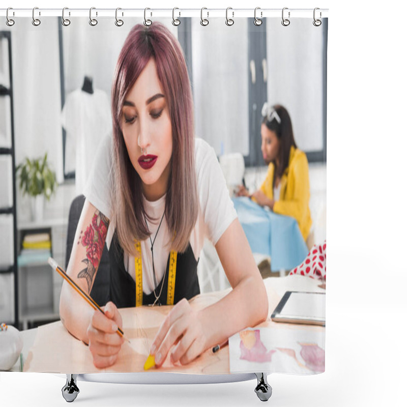 Personality  Fashion Designer Working On Sketch  Shower Curtains