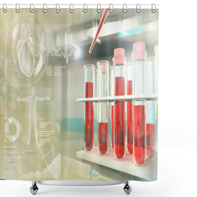 Personality  Proofs In Bio Facility - Blood Sample Dna Test For Monocytes Or Cholesterol, Medical 3D Illustration With Creative Overlay Shower Curtains