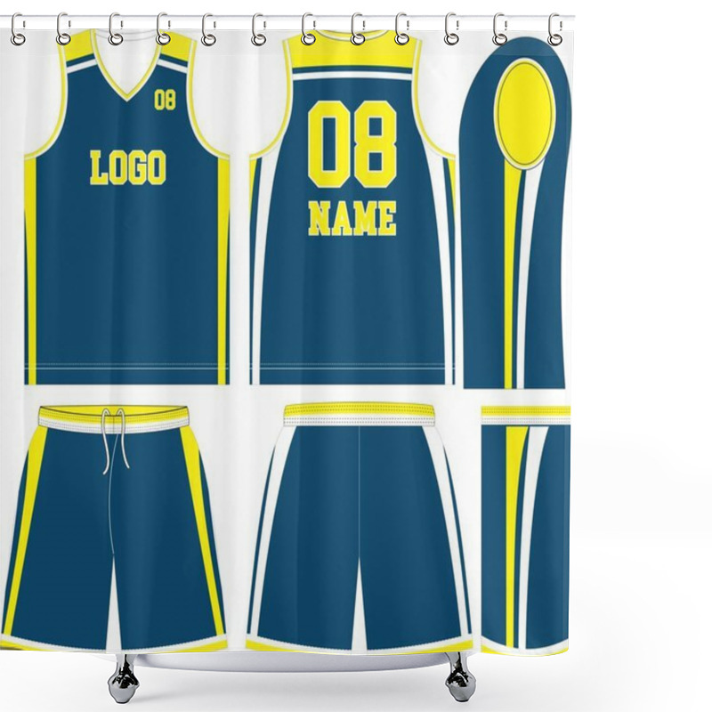 Personality  Custom Designs Basketball Uniform Jersey Shorts Front And Back View Sports Uniforms Mock Ups Templates Illustrations Vector Shower Curtains