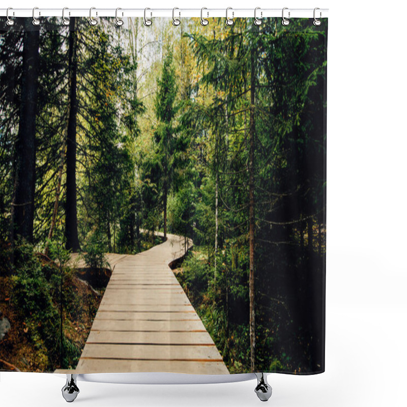 Personality  Concept Of Decision Or Choice Using A Wooden Boardwalk In Dense Forest Shower Curtains