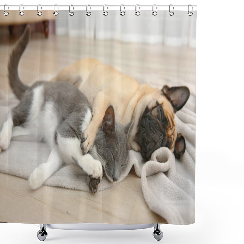 Personality  Adorable Pug And Cute Cat Shower Curtains