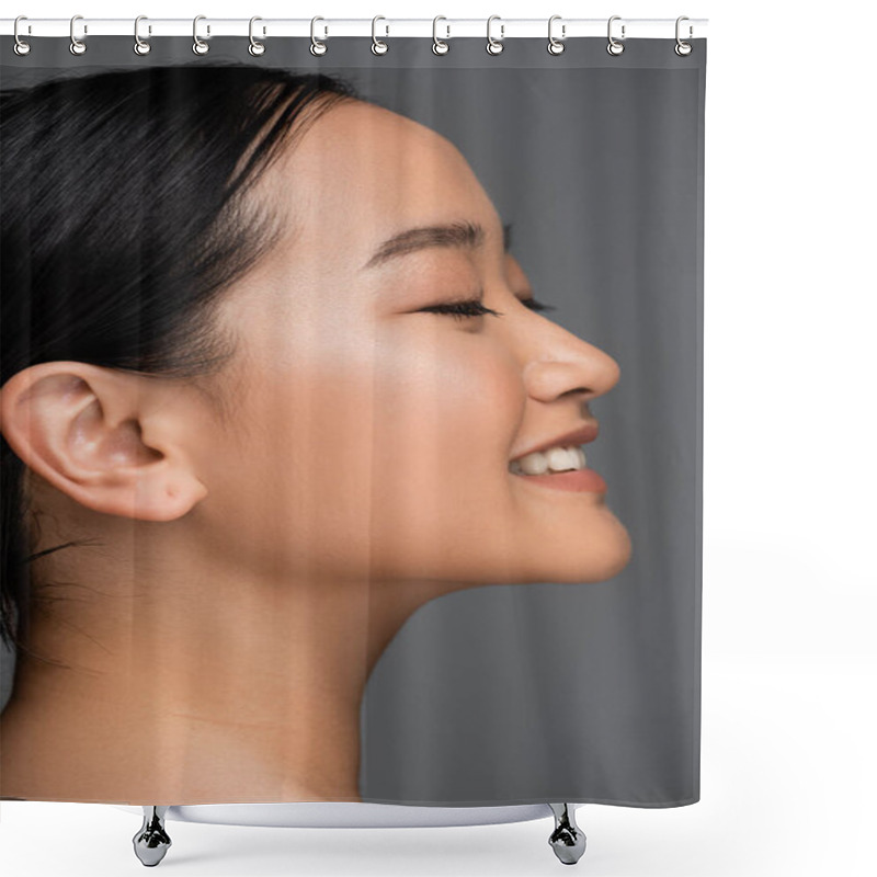 Personality  Side View Of Smiling Asian Woman Closing Eyes Isolated On Grey  Shower Curtains