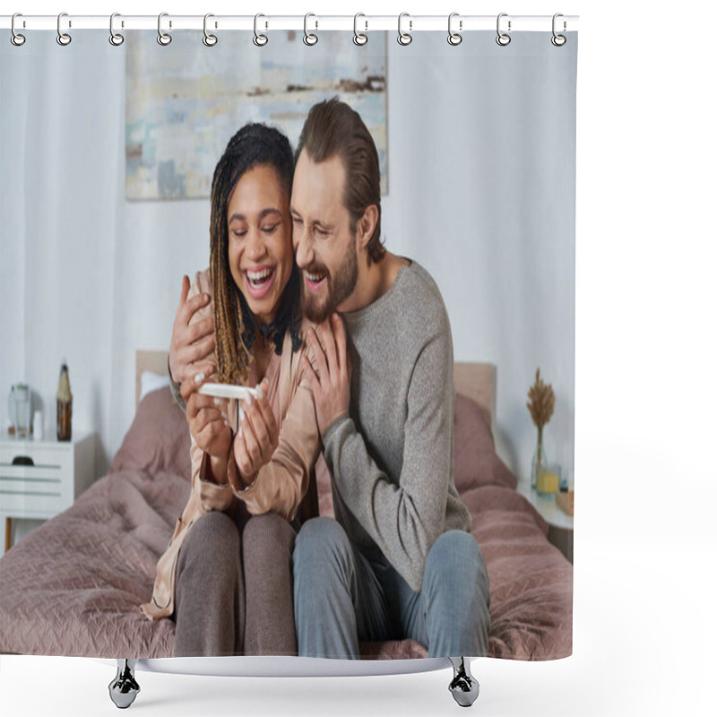 Personality  Interracial Couple Holding Cute Baby Clothes, Tiny Shoes, Future Parents, Pregnant African Woman Shower Curtains