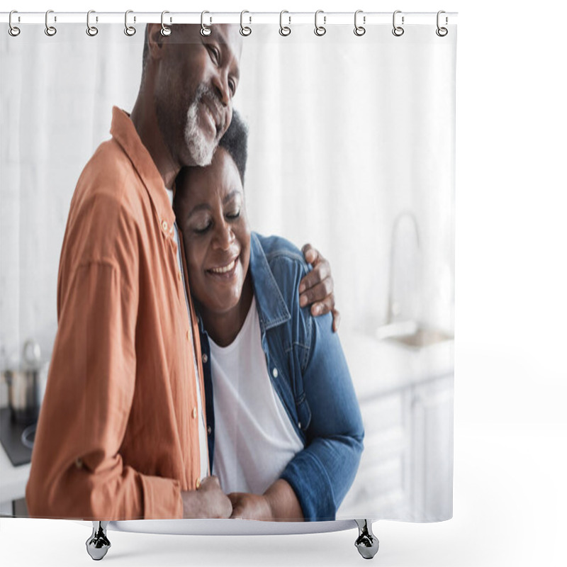 Personality  Happy And Senior African American Couple Holding Hands And Hugging At Home Shower Curtains