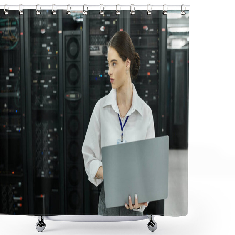 Personality  Woman In White Shirt Analyzes Data On Laptop In A Modern Server Room Focused On Efficiency. Shower Curtains