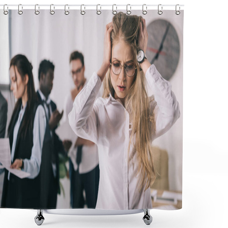 Personality  Bewildered Young Businesswoman Holding Head In Hands At Office Shower Curtains