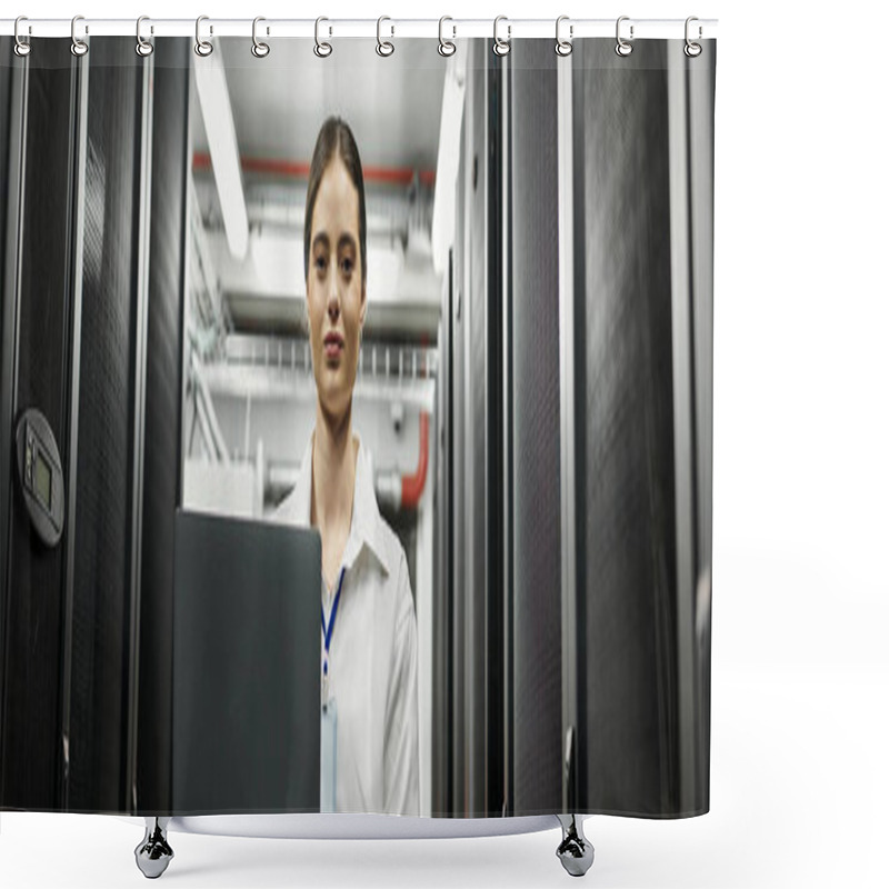 Personality  A Dedicated IT Specialist Works Diligently With Server Hardware In A Contemporary Data Center, Banner Shower Curtains