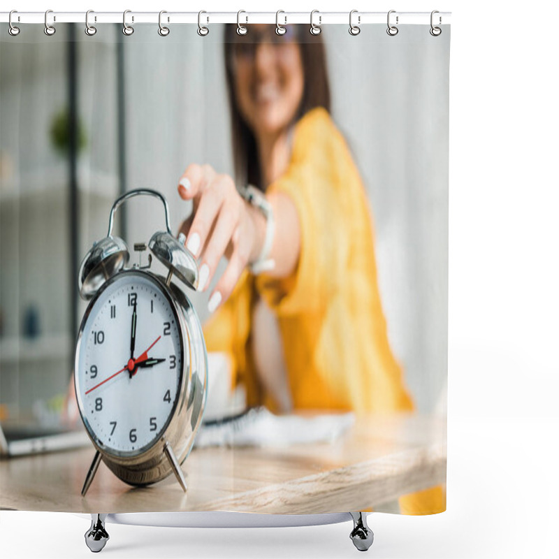 Personality  Selective Focus Of Female Freelancer Touching Alarm Clock Shower Curtains