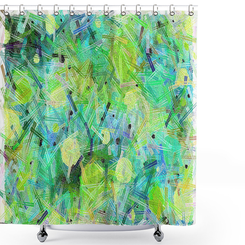 Personality  Bits And Pieces Of Green And Teal Are Thrown Amok On A Piece Of Canvas With Black Background. Shower Curtains