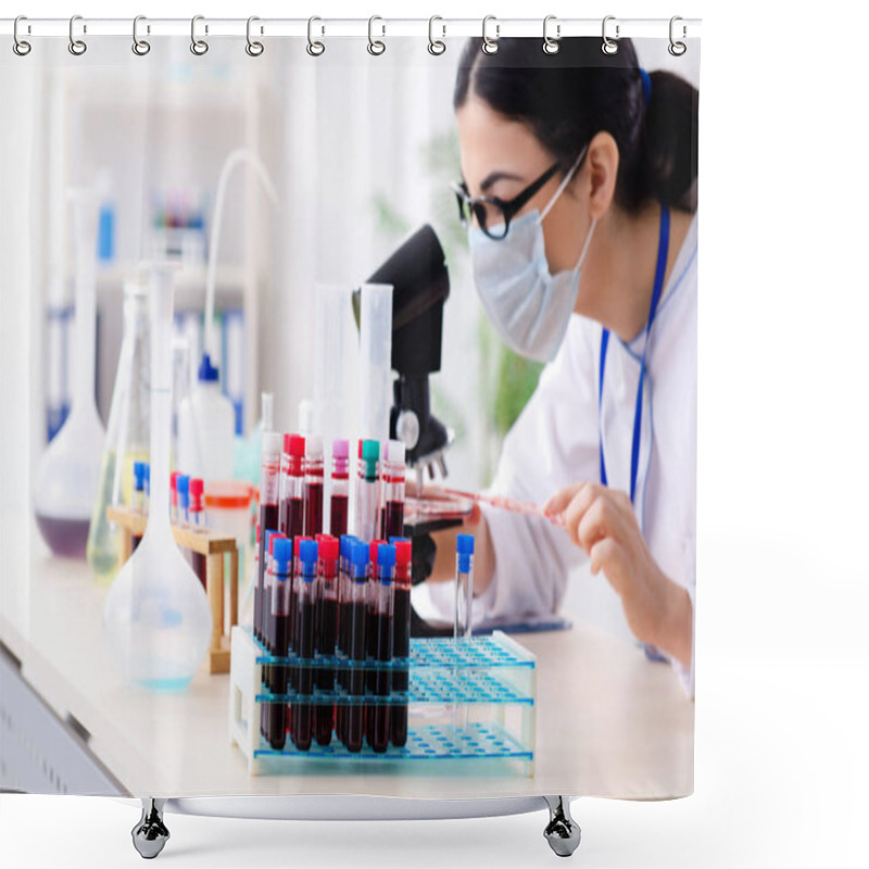 Personality  Young Female Chemist Working In The Lab  Shower Curtains