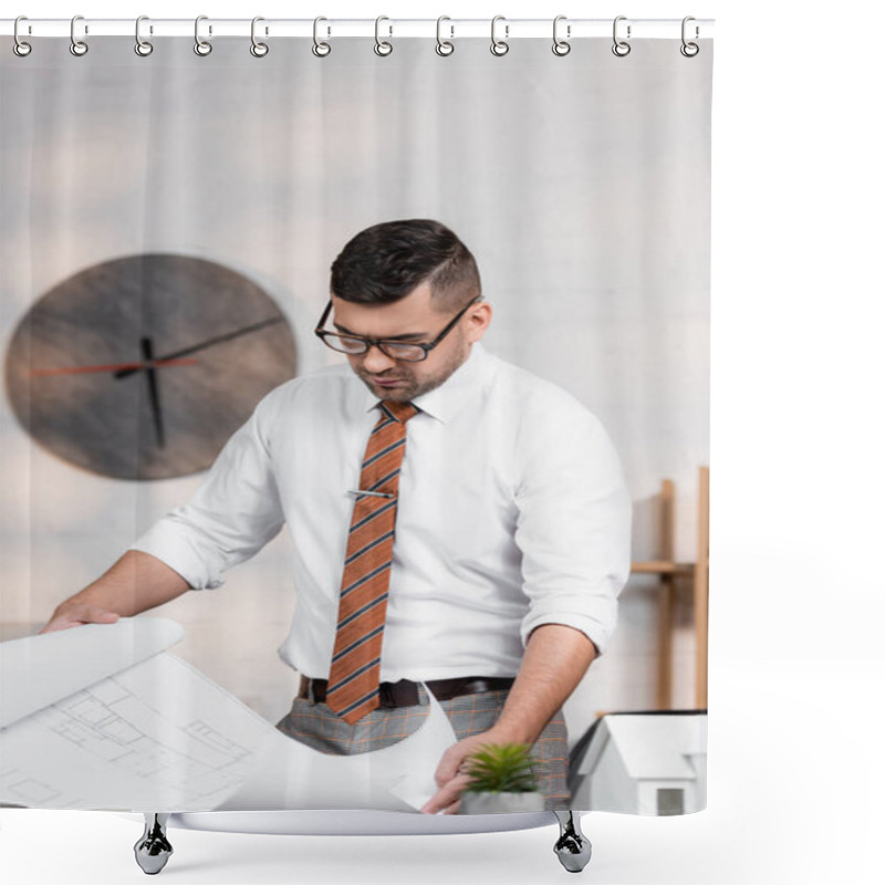 Personality  Serious Architect In Eyeglasses Holding Blueprint In Office Shower Curtains