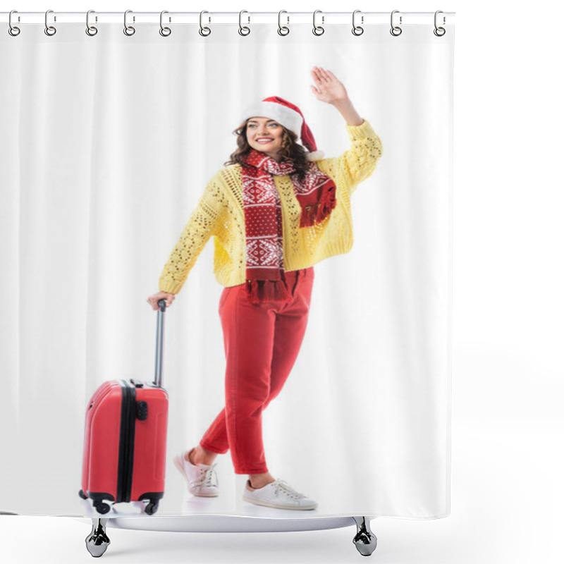 Personality  Young Woman In Santa Hat And Scarf With Ornament Standing With Travel Bag And Waving Hand Isolated On White Shower Curtains