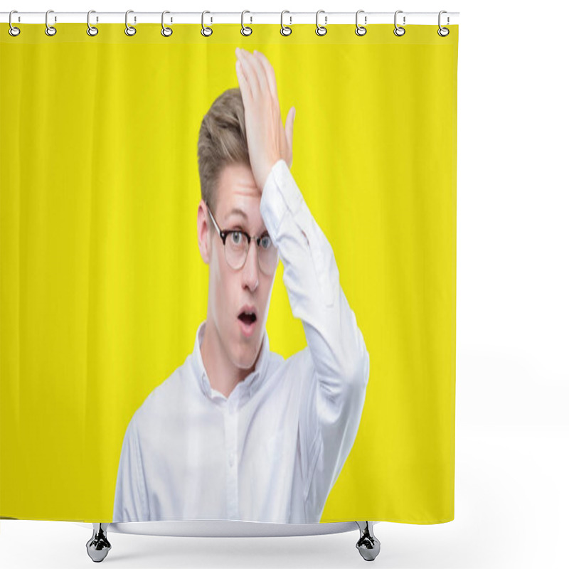 Personality  Young Handsome Blond Man Surprised With Hand On Head For Mistake, Remember Error. Forgot, Bad Memory Concept. Shower Curtains