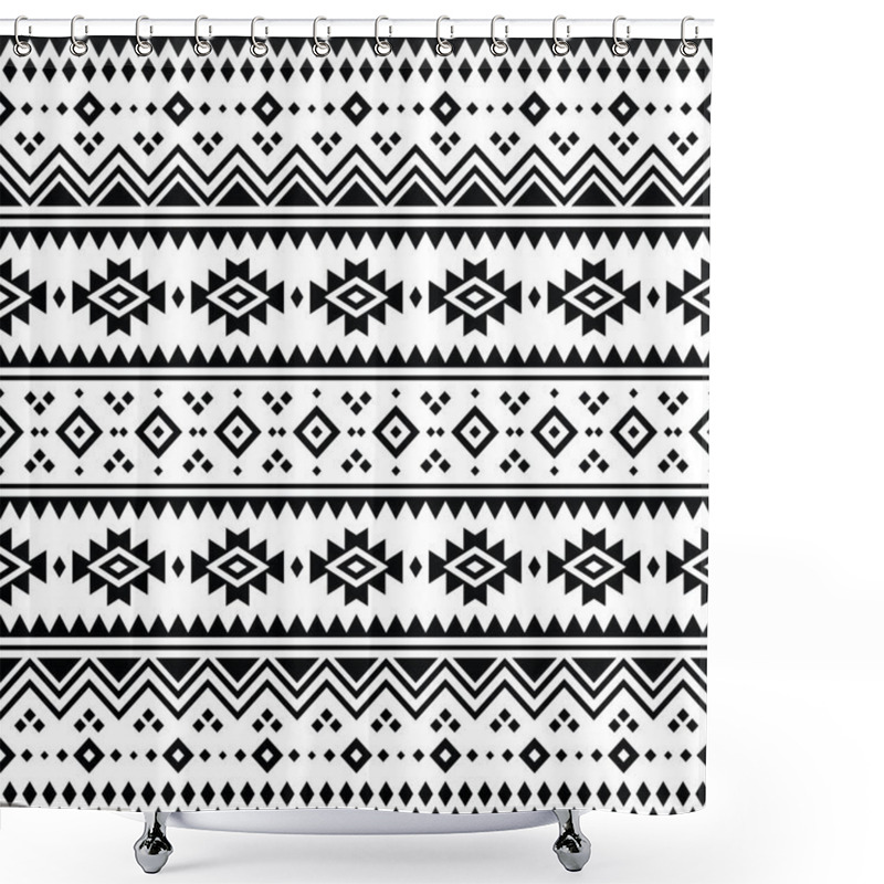 Personality  Native American Geometric Ethnic Pattern In Black And White. Seamless Tribal Pattern With Aztec Navajo Motives. Design For Textile, Fabric, Clothing, Curtain, Rug, Ornament, Wrapping, Wallpaper. Shower Curtains