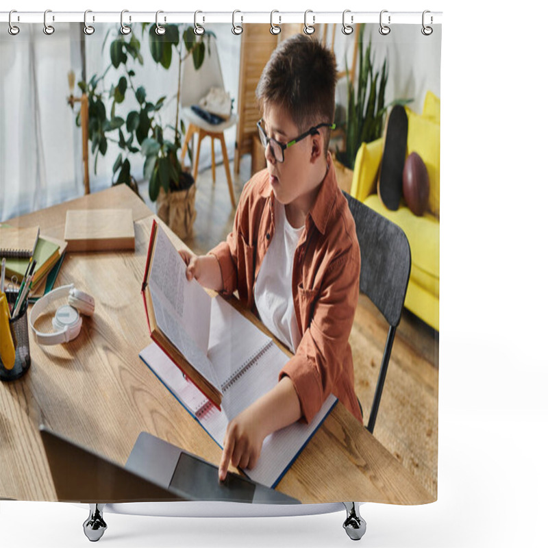 Personality  Adorable Boy With Down Syndrome Engrossed In Laptop And Book At Table. Shower Curtains