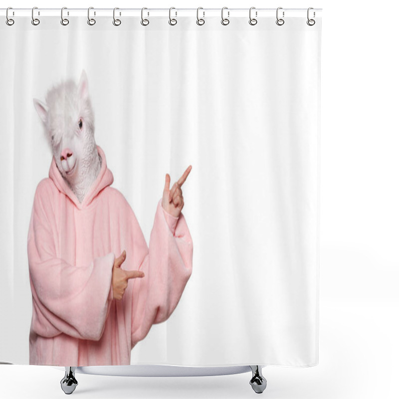 Personality  Portrait Of Creative Person In Pink Hoodie With Lama Mask Pointing Up Isolated On White Shower Curtains