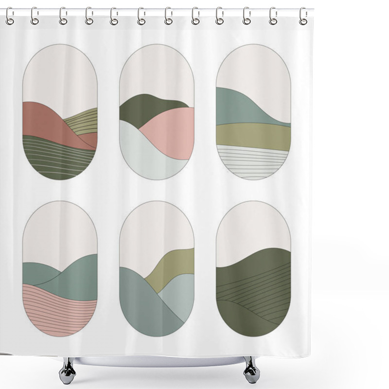 Personality  A Stylish Set Of Oval Compositions With Abstract Stripes And Soft Shapes Symbolizing Hills And Waves. Warm, Natural Tones Create A Modern And Calm Look. Shower Curtains