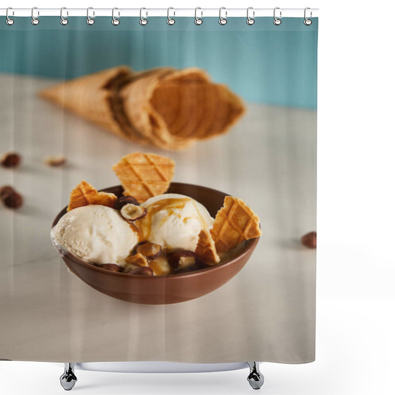 Personality  Bowl Of Delicious Ice Cream With Caramel, Hazelnuts And Pieces Of Waffle Shower Curtains