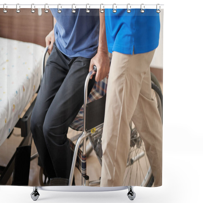 Personality  Caregiver Assisting The Elderly In A Wheelchair Shower Curtains